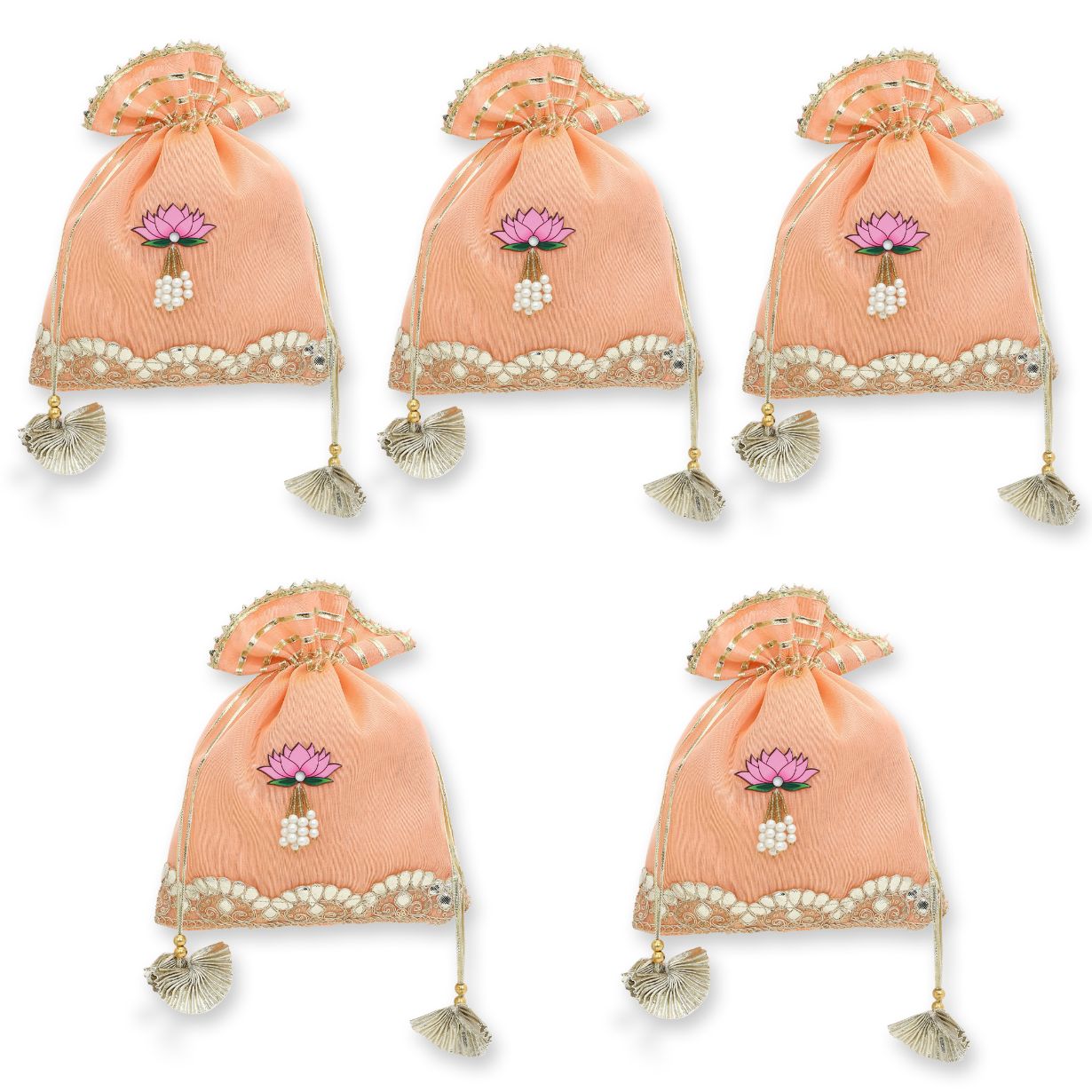 Set of 5 Peach Embellished Potli Bags