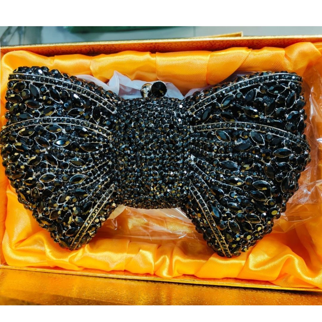 Black Bow Crystal Rhinestone Party Clutch Bag