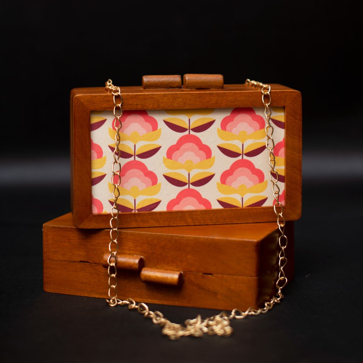 Printed Fabric Wooden Box Clutch for Women