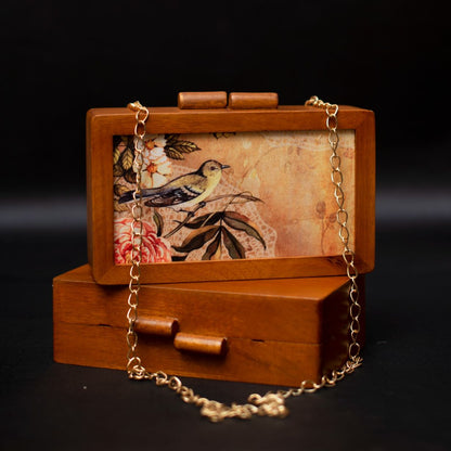 Printed Floral Wooden Box Clutch