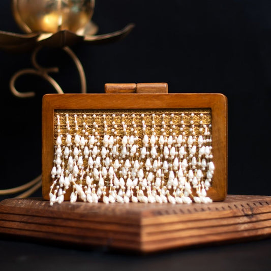 Wooden Box Clutch with Embroidered Pearl Beads