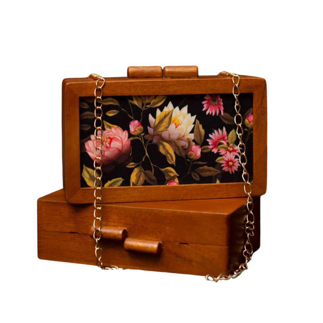 Printed Floral Wooden Box Clutch