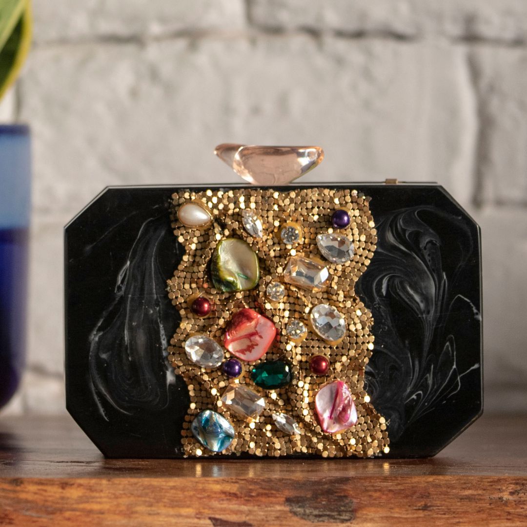 Black Golden Acrylic Party Clutch for Women