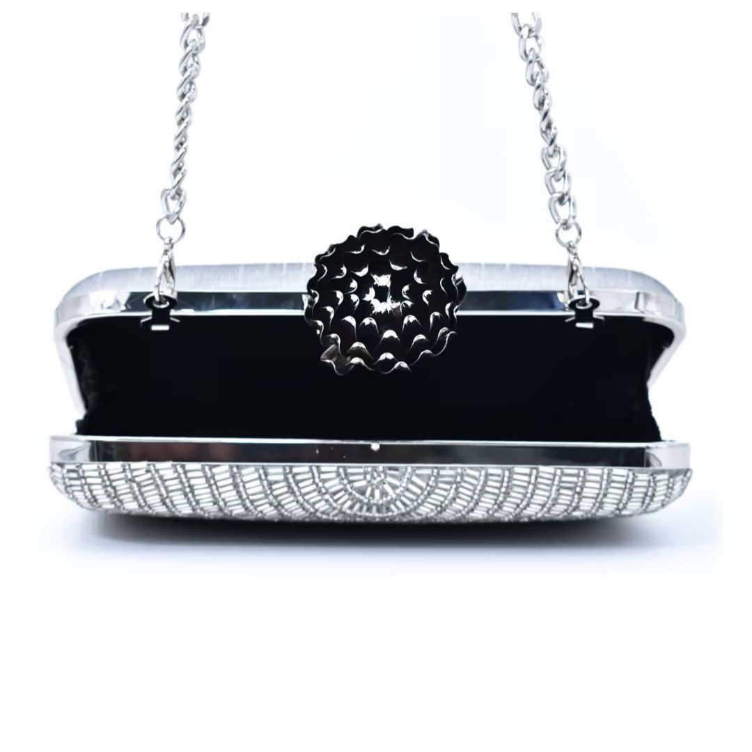 Silver Bead Embroidery Party Clutch Bag for Women