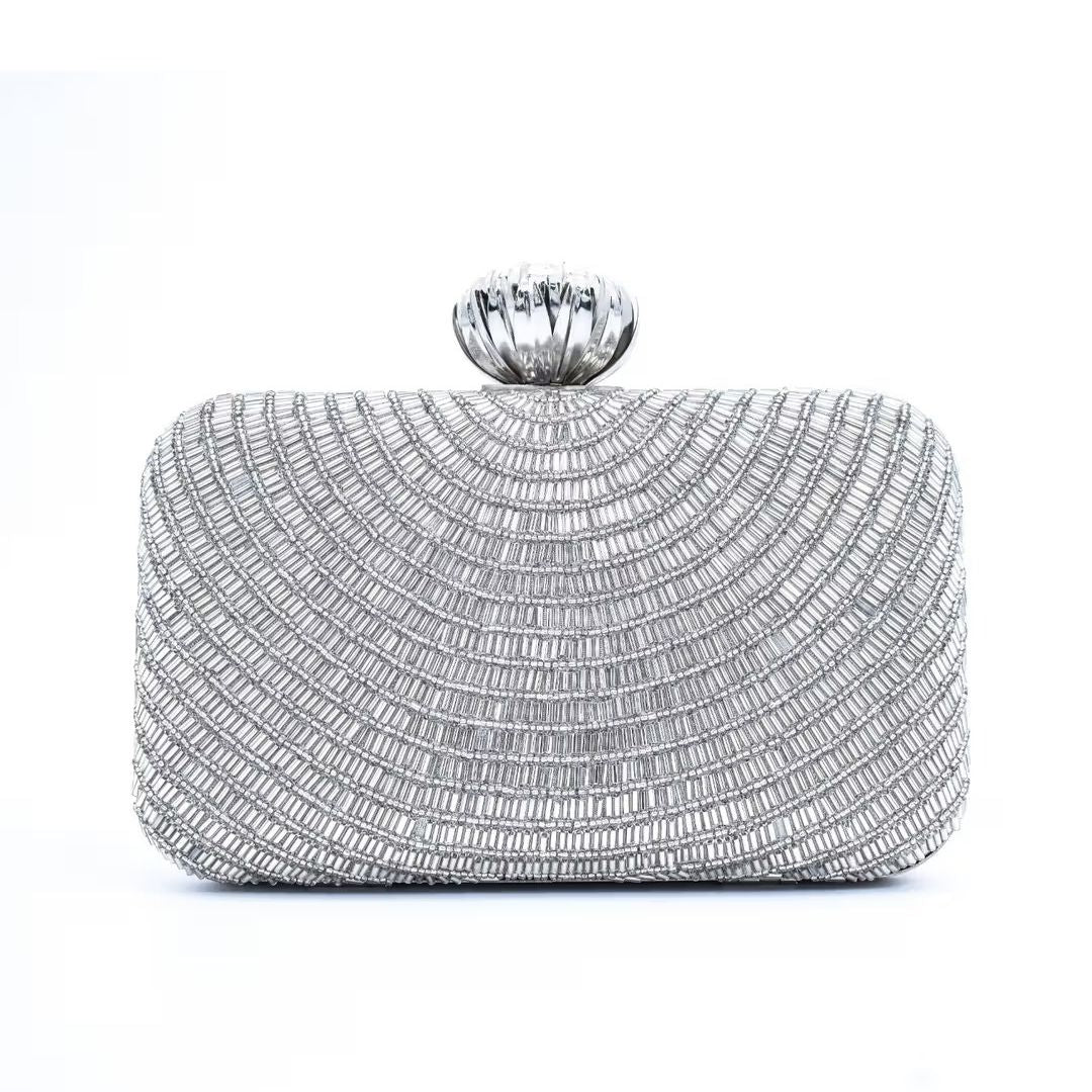 Silver Bead Embroidery Party Clutch Bag for Women