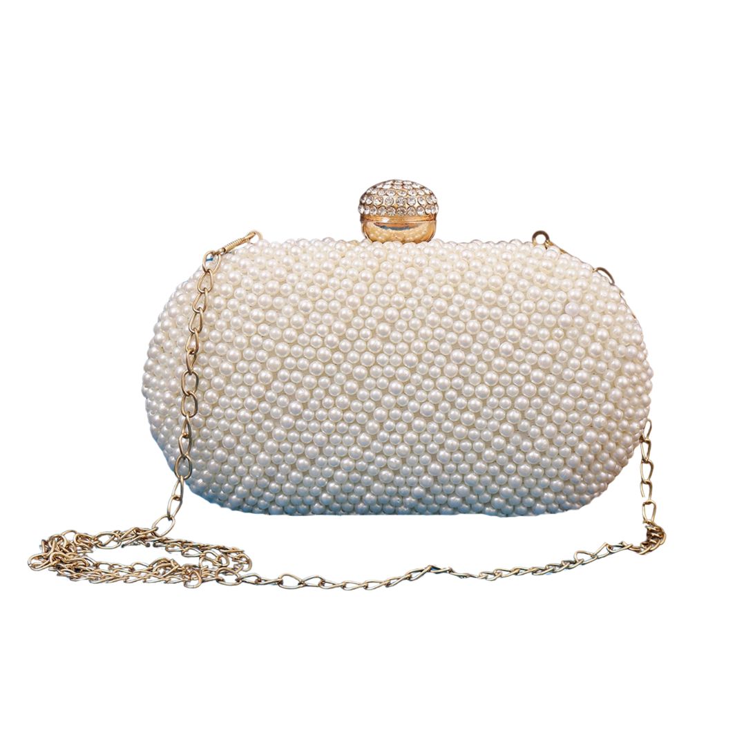 White Pearl Bead Embroidery Party Clutch Bag for Women