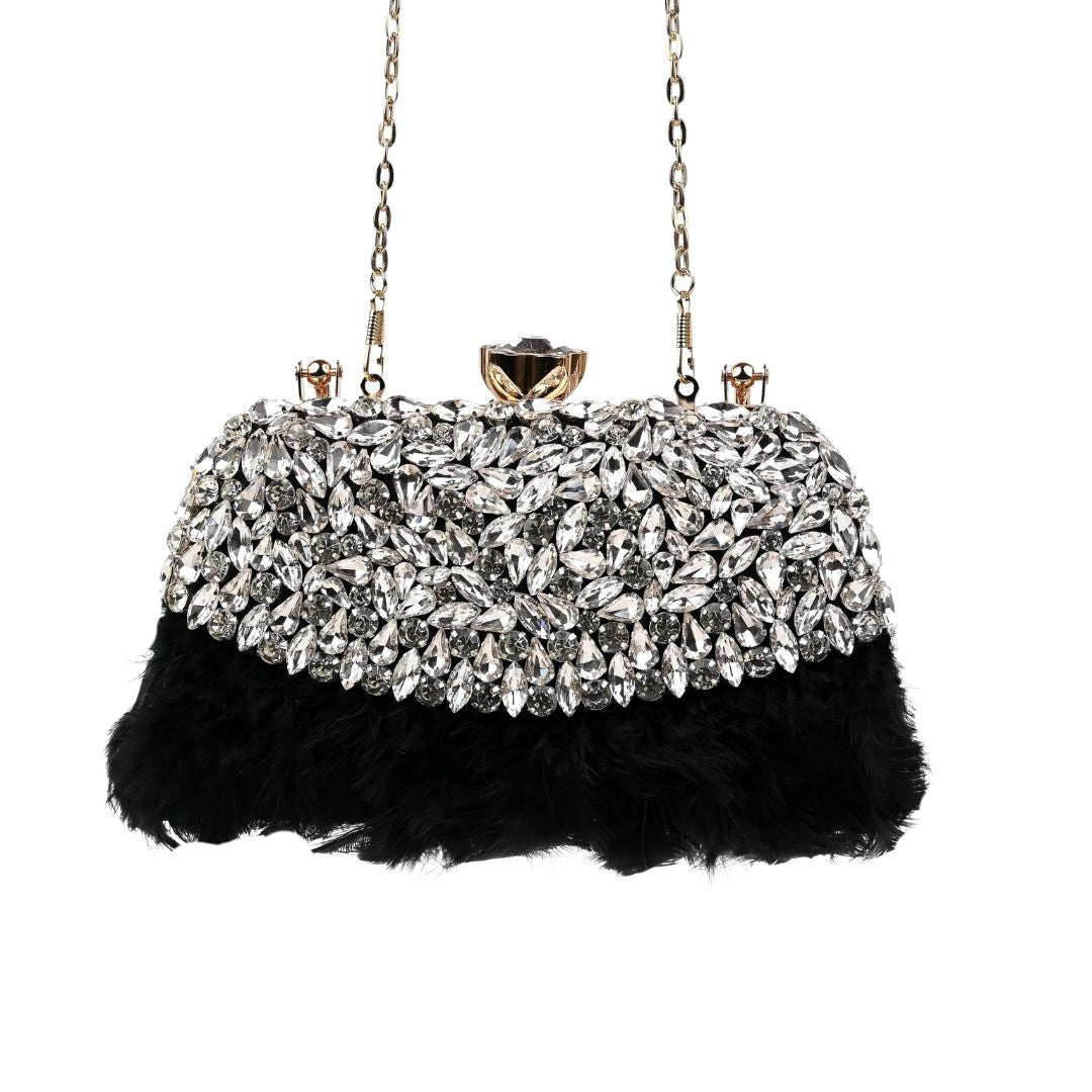 Feather Black Crystal Embellished Clutch