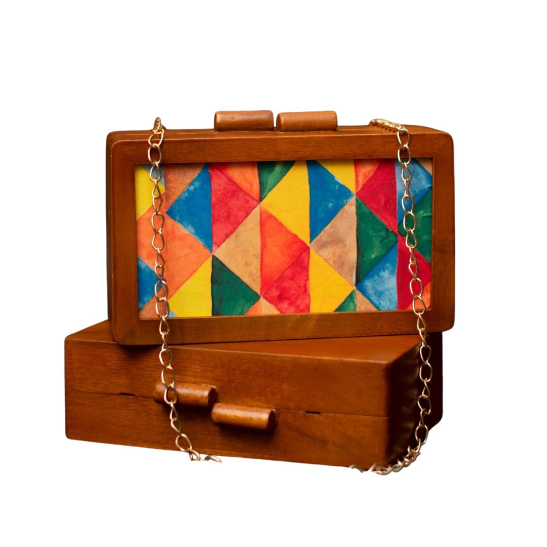 Printed Fabric Wooden Box Clutch for Women