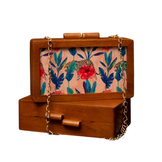 Printed Fabric Wooden Box Clutch for Women