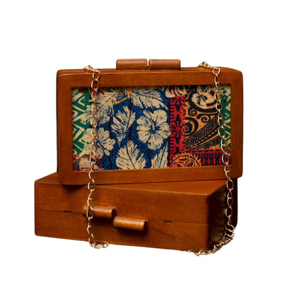 Printed Fabric Wooden Box Clutch for Women