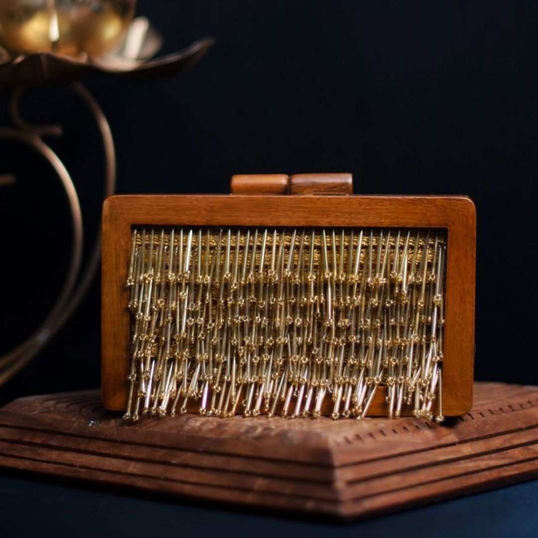 Wooden Box Clutch with Embroidered Golden Beads