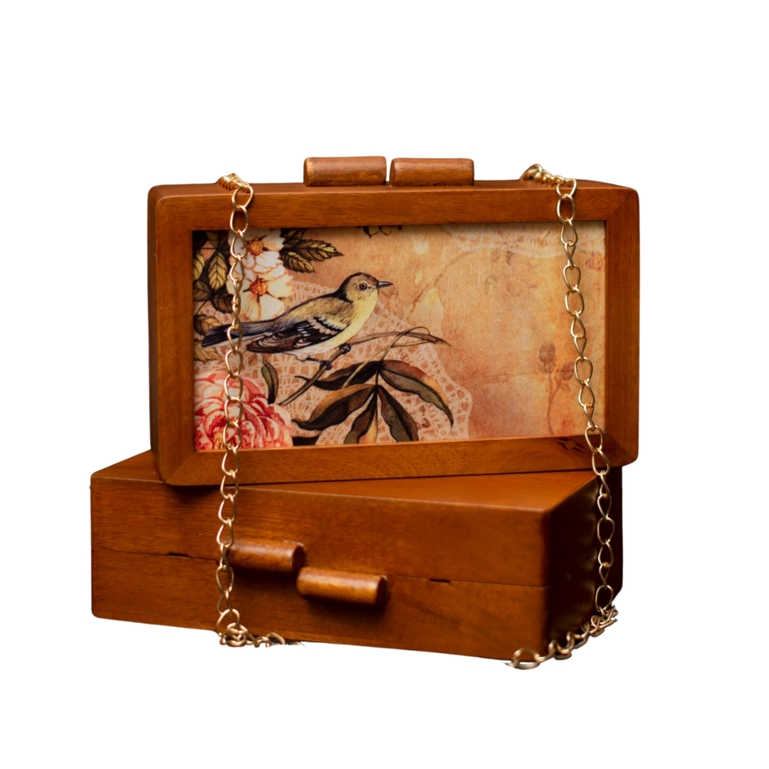 Printed Floral Wooden Box Clutch