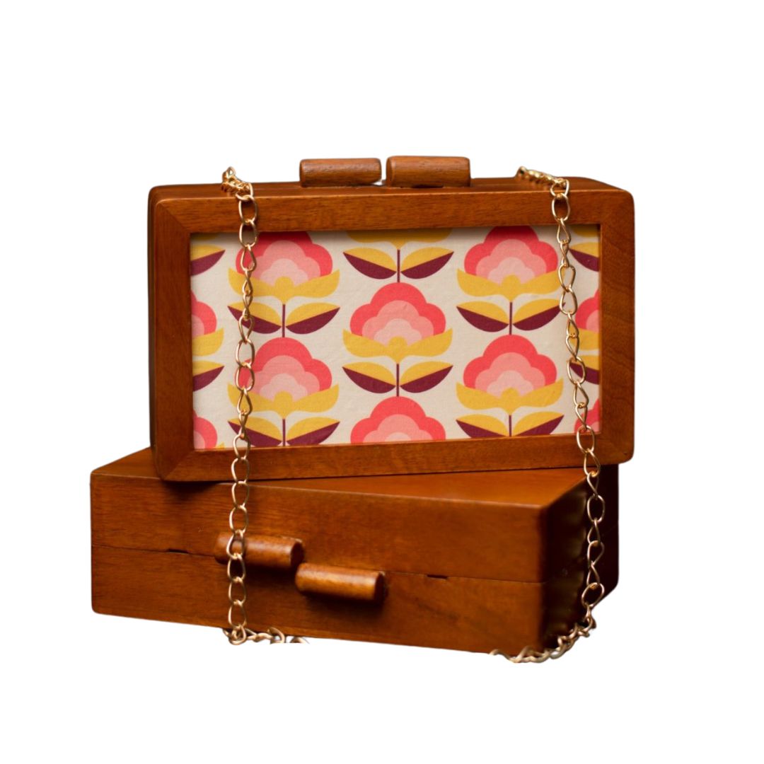 Printed Fabric Wooden Box Clutch for Women