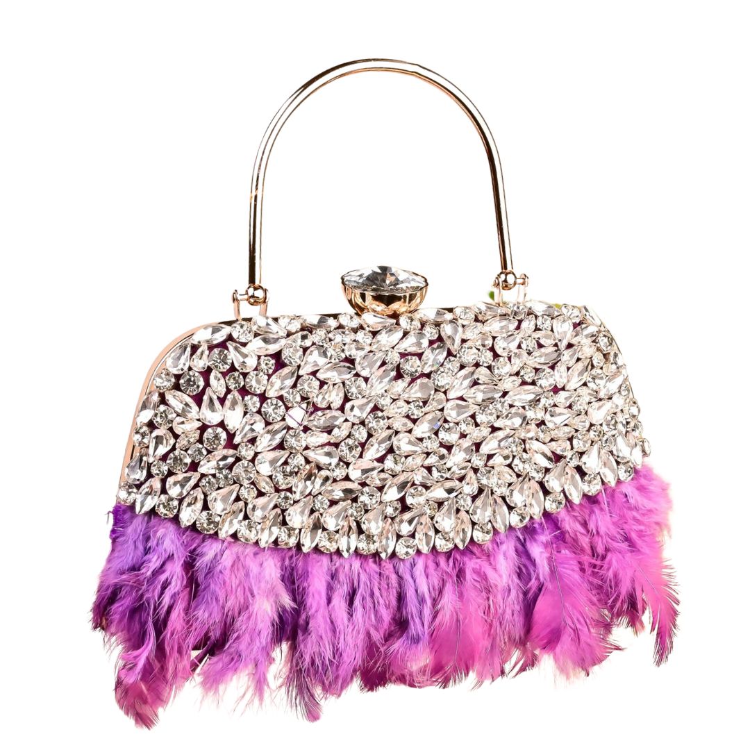 Feather Purple Crystal Embellished Clutch