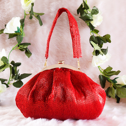 Soft Embroidery Red Bead Pouch Bag with Handle