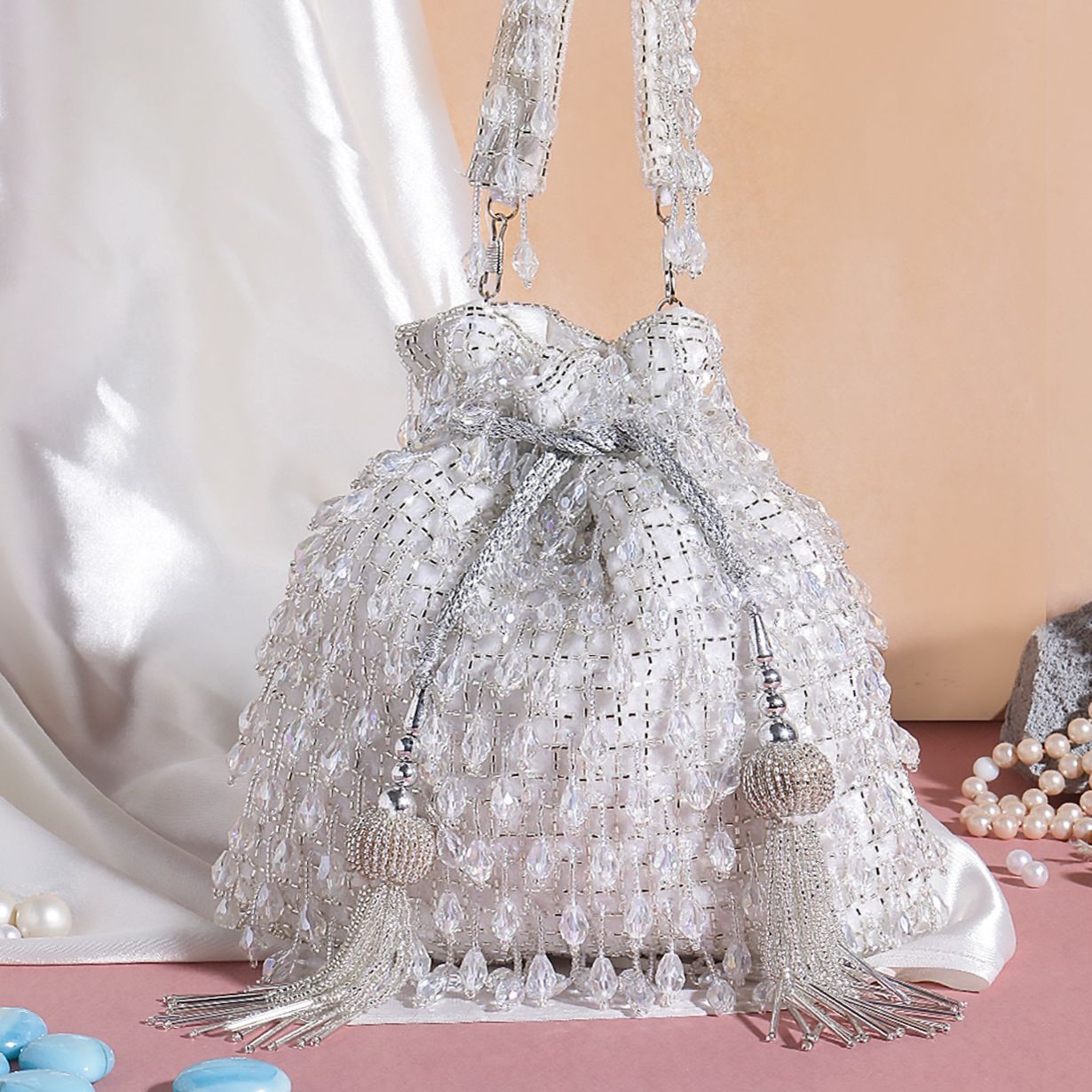 Crystal Silver Potli Bag for Women