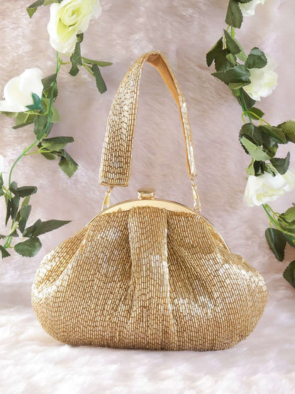 Soft Embroidery Golden Bead Pouch Bag with Handle