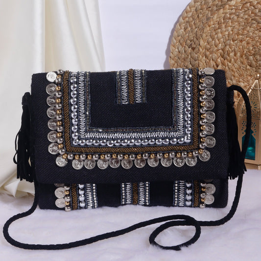 Boho Black Jute Coin Flap Bag