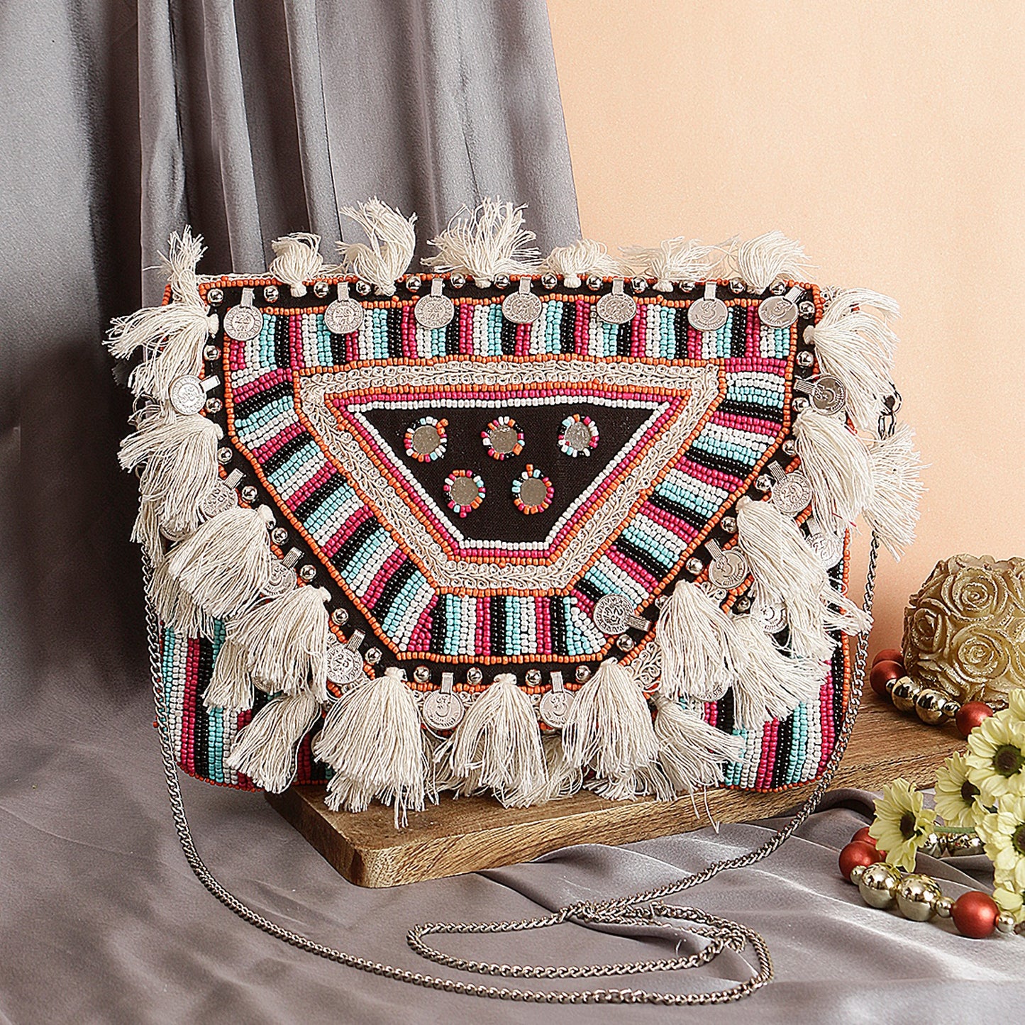 Boho Tassel Jacquard Flap Bag