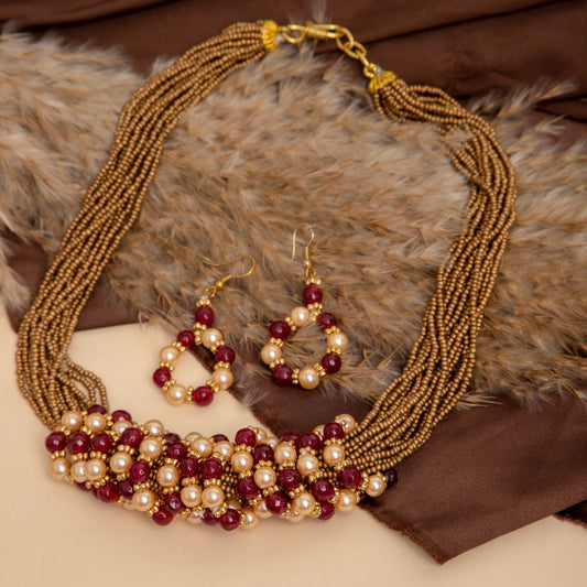 Maroon and Gold Beaded Necklace and Earrings Set