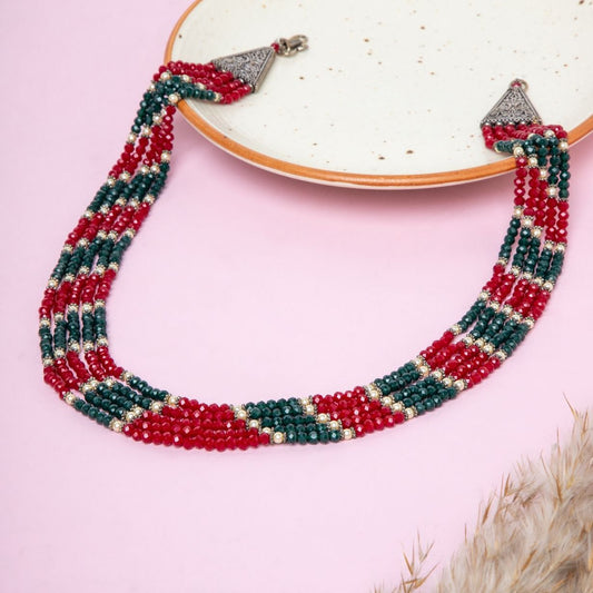 Oxidized Silver Beaded Necklace with Red and Green Glass Beads