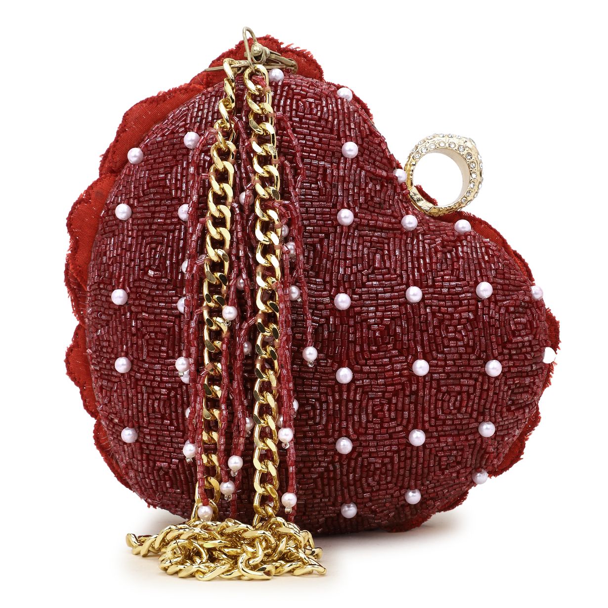 Designer Maroon Bead Heart Clutch Bag