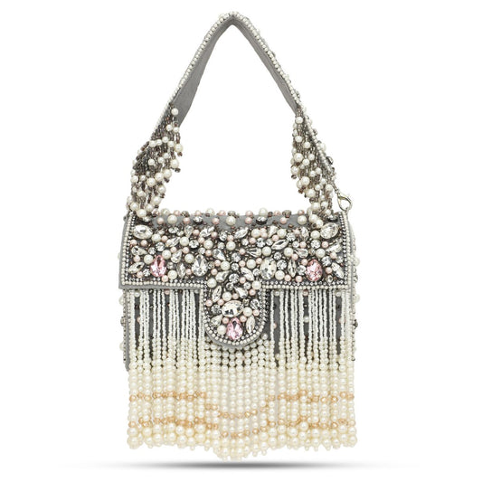 Bead Tassel Grey Velvet Box Party Flap Bag