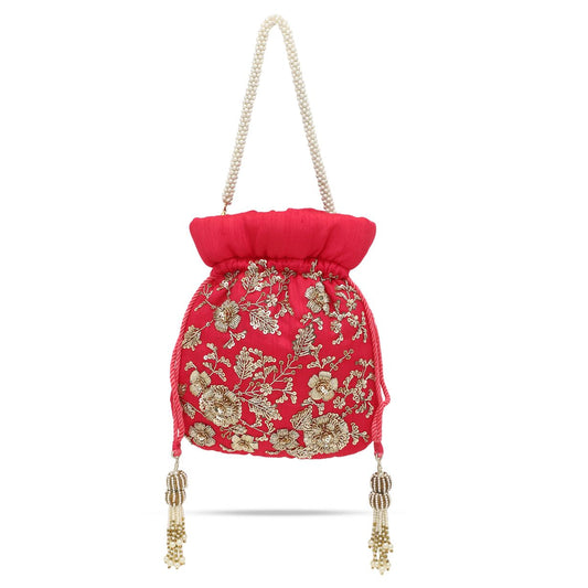 Bridal Designer Red Silk Zardozi Embroidery Wedding Potli Bag