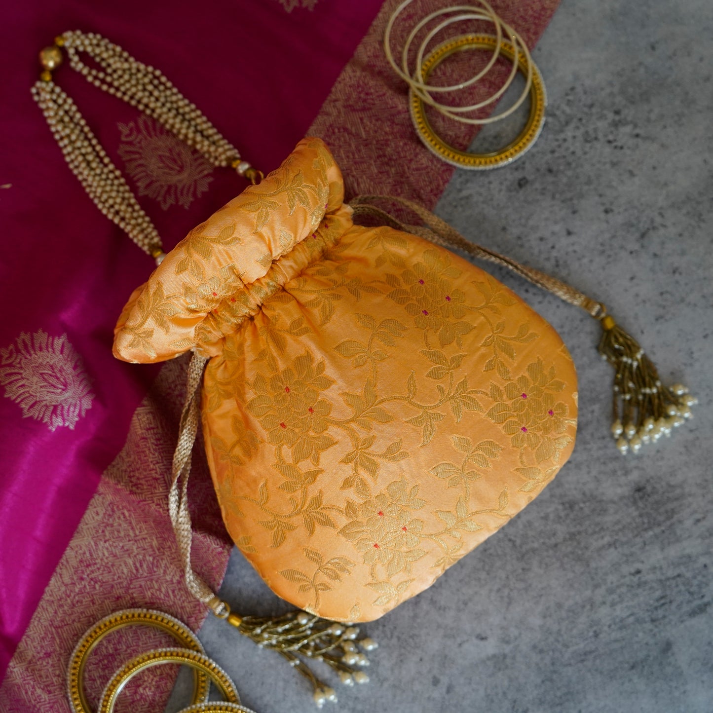 Brocade Peach Traditional Potli