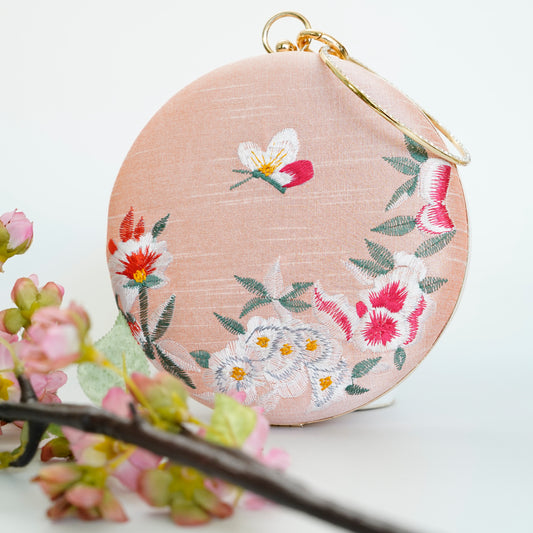 Pink Embroidered Raw Silk Party Women Clutch Bag