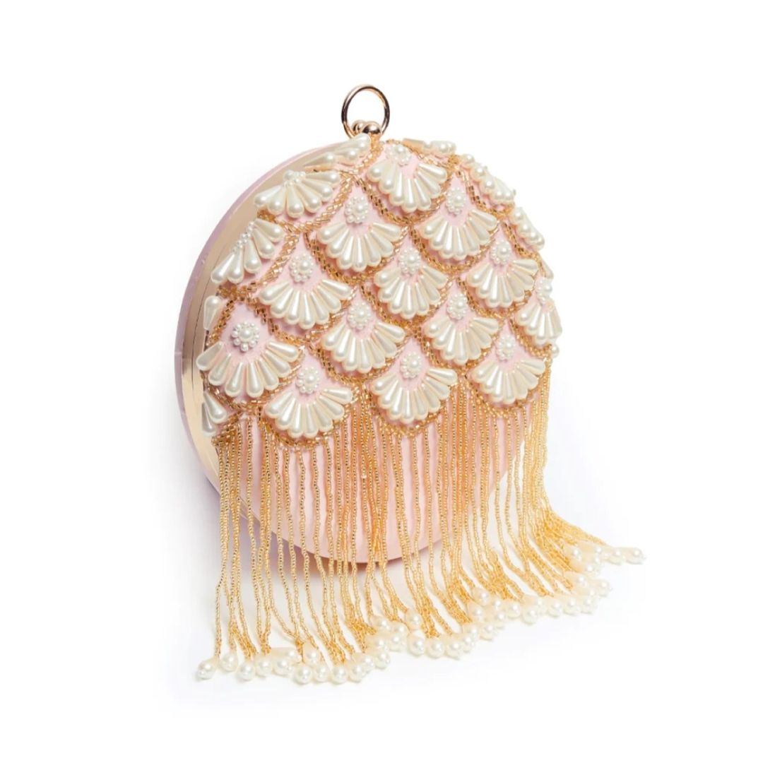 Pink Round Bead Embroidery Party Clutch Bag for Women