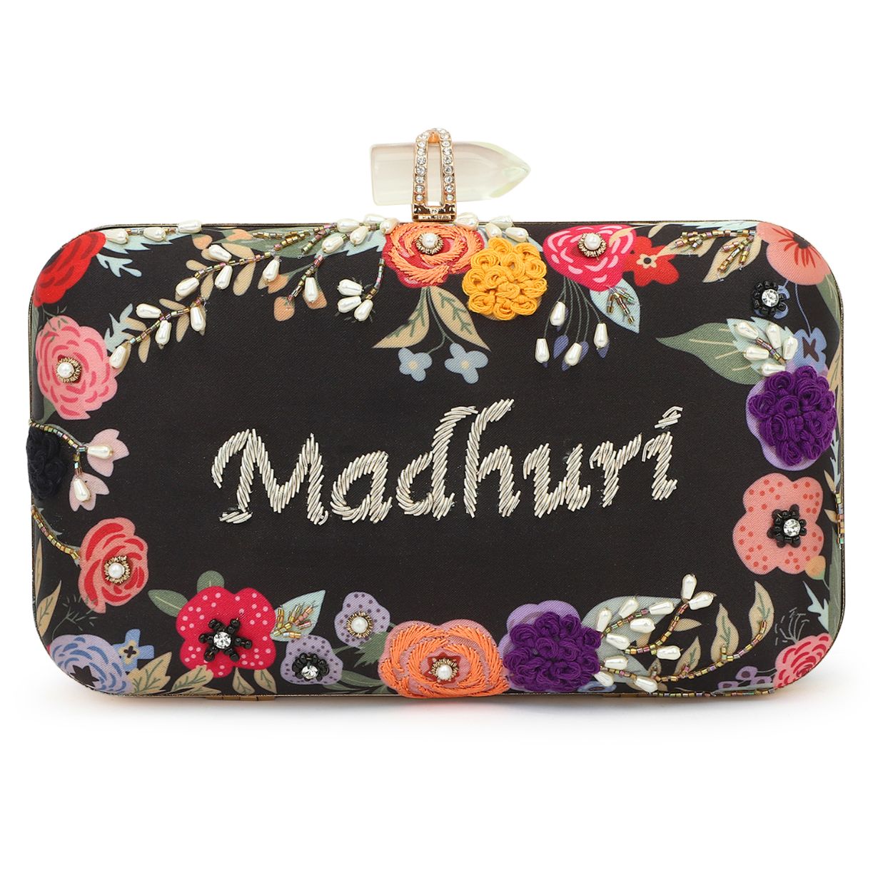 Customised Black Name Highlight Embroidery Party Clutch for Woman