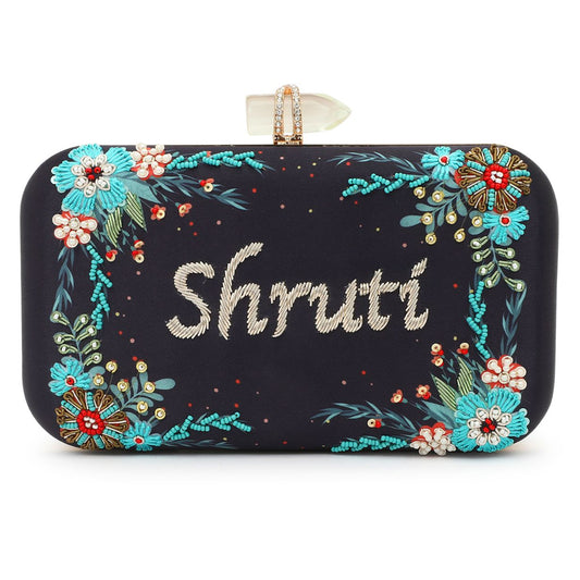 Customised Blue Name Highlight Embroidery Party Clutch for Woman