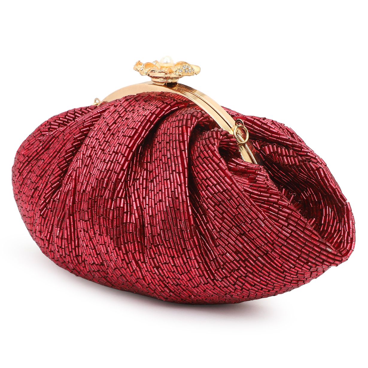 Soft Embroidery Red Bead Pouch Bag with Handle