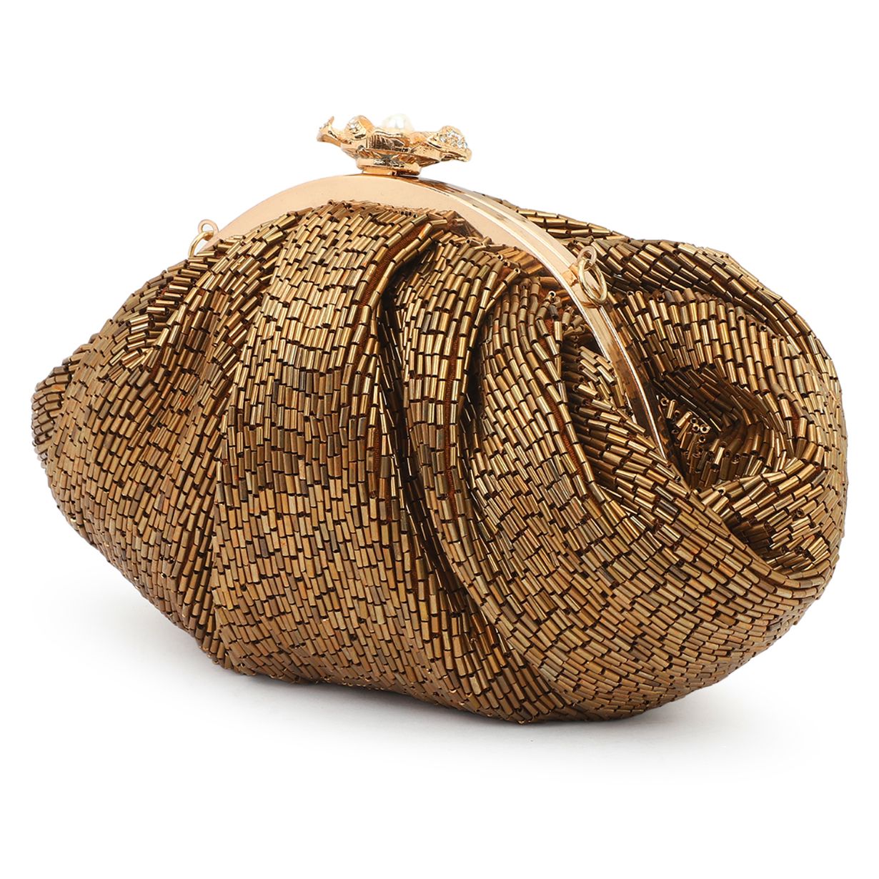 Soft Embroidery Copper Bead Pouch Bag with Handle