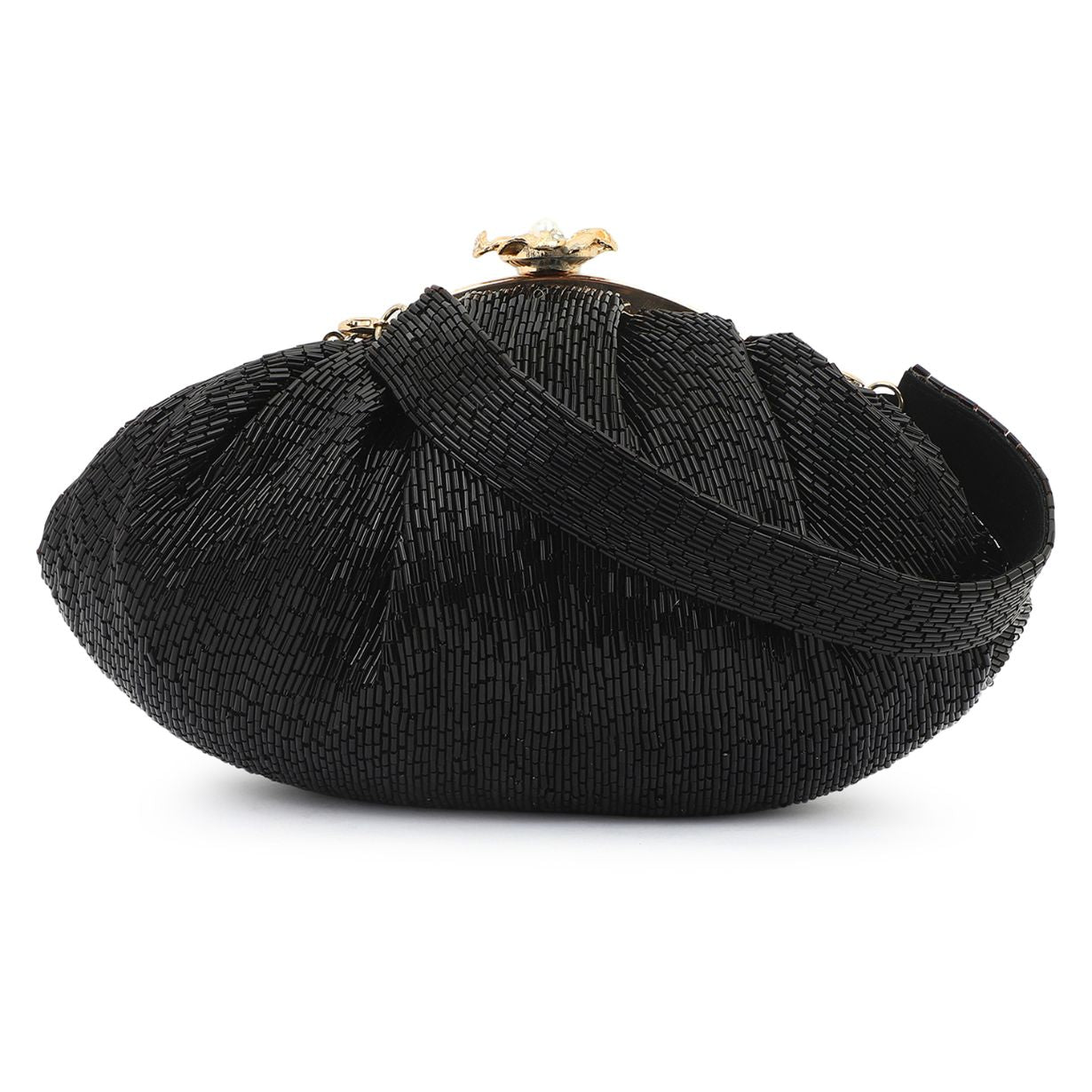 Soft Embroidery Black Bead Pouch Bag with Handle