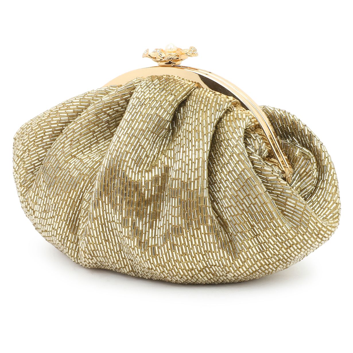 Soft Embroidery Golden Bead Pouch Bag with Handle