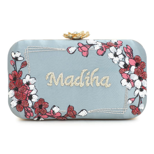 Customized Grey Name Embroidery Highlight Party Clutch