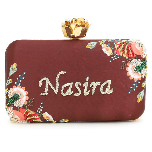 Customised Brown Name Embroidery Highlight Party Clutch