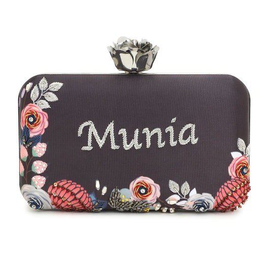 Customized Grey Embroidery Name Highlight Party Clutch