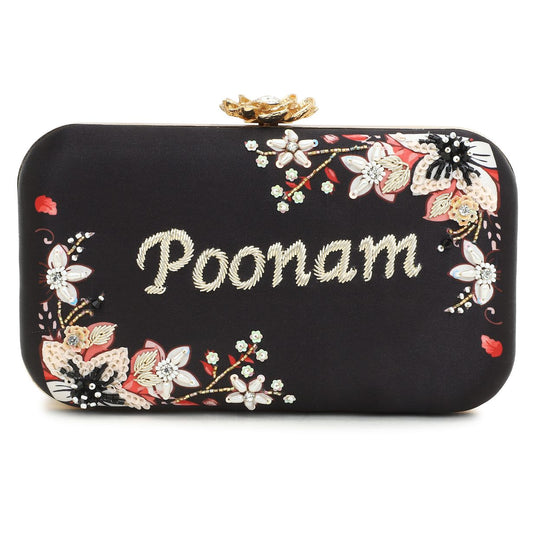 Customised Black Name Embroidery Highlight Party Clutch