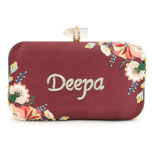 Customised Brown Embroidery Name Highlight Party Clutch