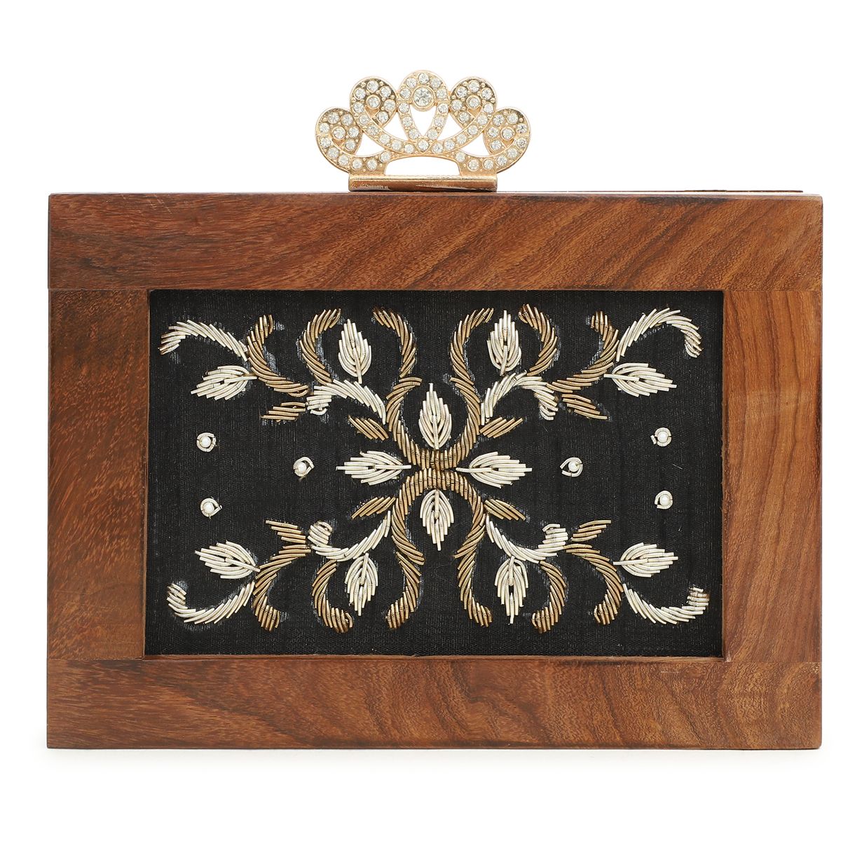 Handcrafted Wooden Box Clutch with Embroidered Floral Design