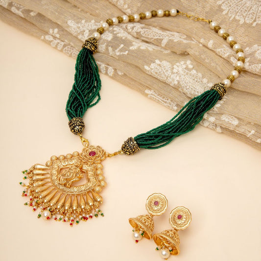 Temple Jewelry Green Bead Necklace with Radha Krishna Pendant for Party Wear