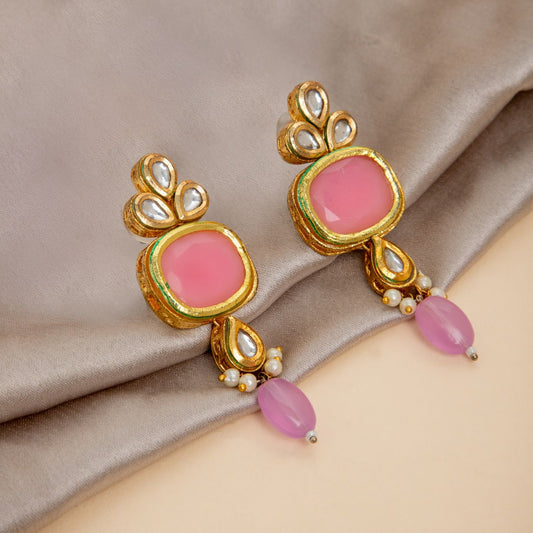 Pink Kundan Drop Earring for Traditional Wear