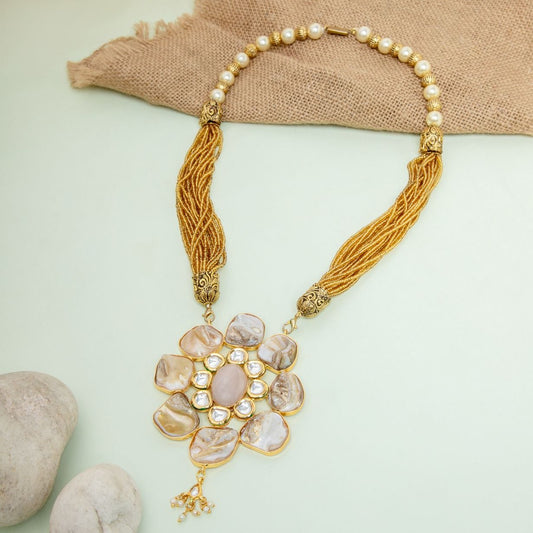 Gold-Tone Beaded Necklace with Pearl and Shell Beads Baroque Necklace