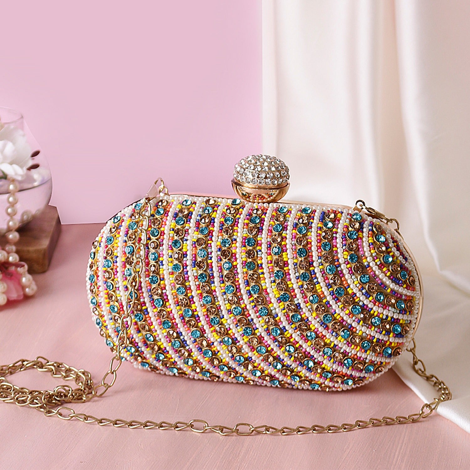 Party Stone Beadwork Multicolor Clutch Bag Indiaztrendd