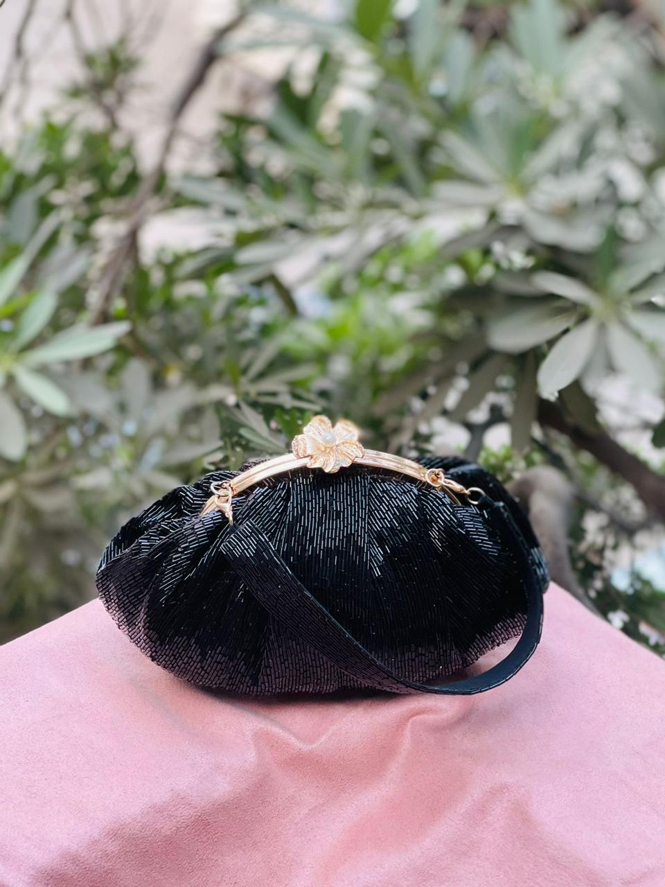 Soft Embroidery Black Bead Pouch Bag with Handle