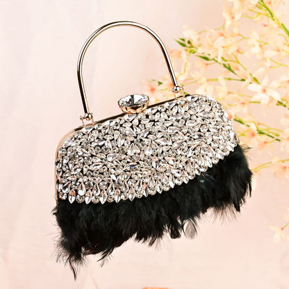 Feather Black Crystal Embellished Clutch