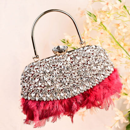 Feather Red Crystal Embellished Clutch